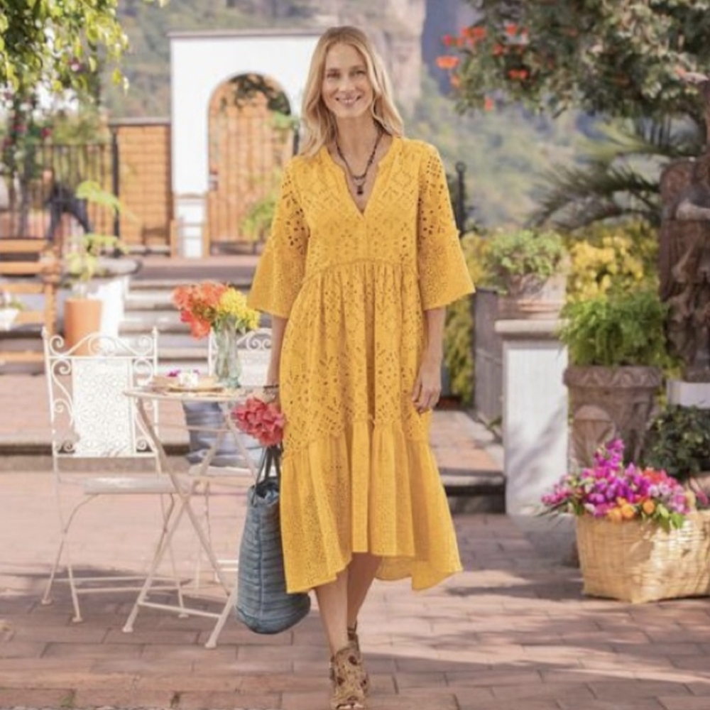 Sundance Babydoll Eyelet Cotton Dress in Marigold - Summer Resort Vacation Beach